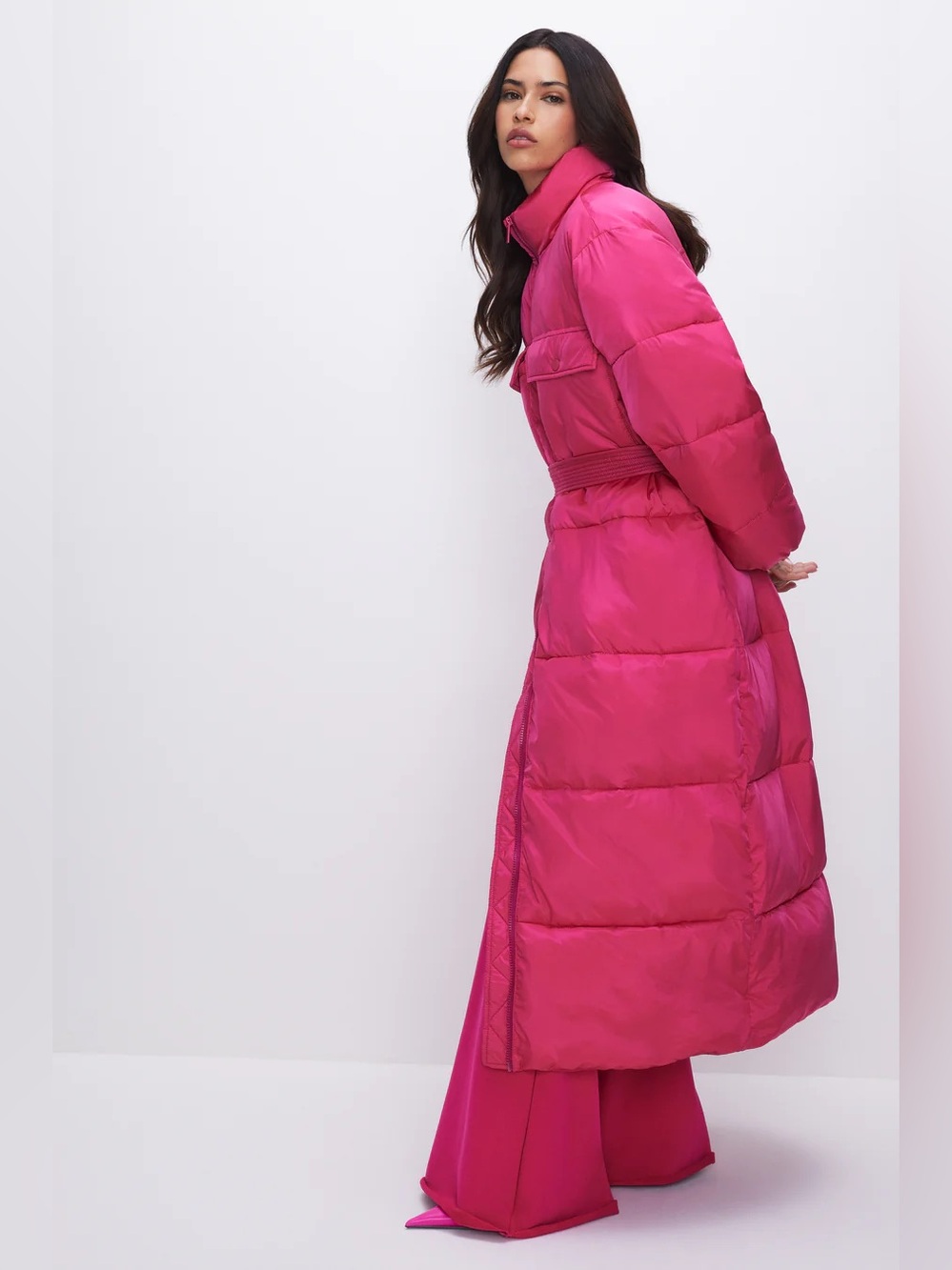 Good American - Women’s Long Puffer Coat with Belt - Hot Pink - Picture 3 of 10